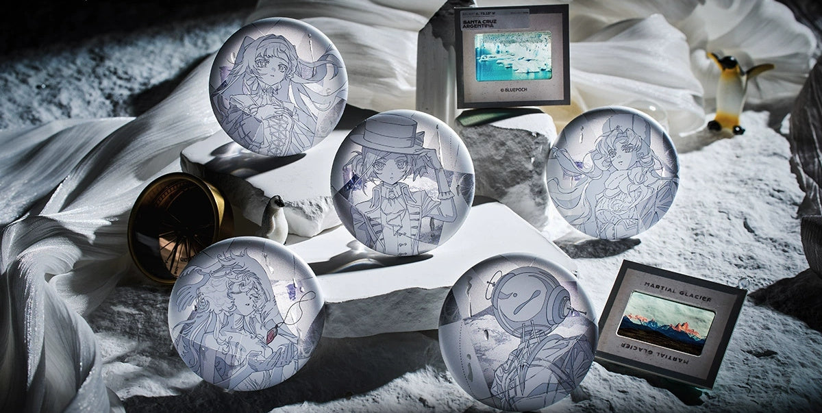 The five character badges with greyscale artwork, shown with the commemorative films