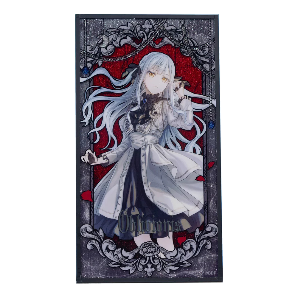 Oblivionis acrylic shikishi: Oblivionis with long silver hair and black ribbons, in a gothic frame on glittering red