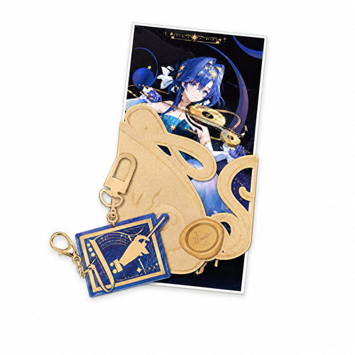 Voyager ticket with a gold decorative cover and wax-seal motif, plus a navy acrylic keychain