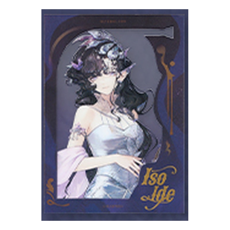 Isolde film shikishi design in a white dress and lilac shawl, in a purple frame