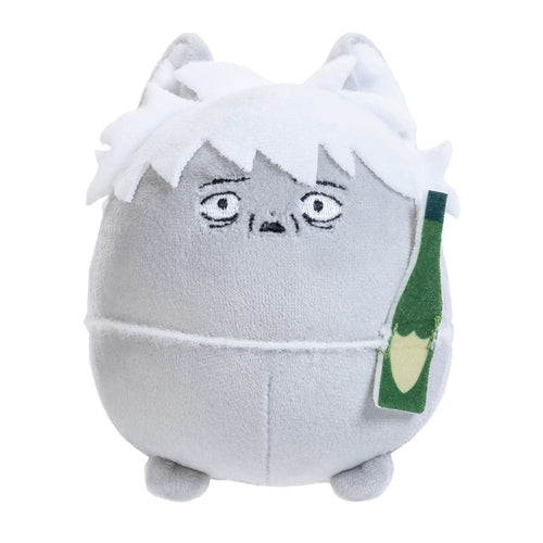Gintoki Sakata (B) grey egg-shaped plush with cat-like ears, spiky white hair and a green bottle patch