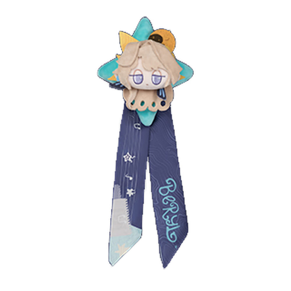 Beryl scarf plush keychain: chibi Beryl on a turquoise star with a long printed scarf bearing Beryl's name