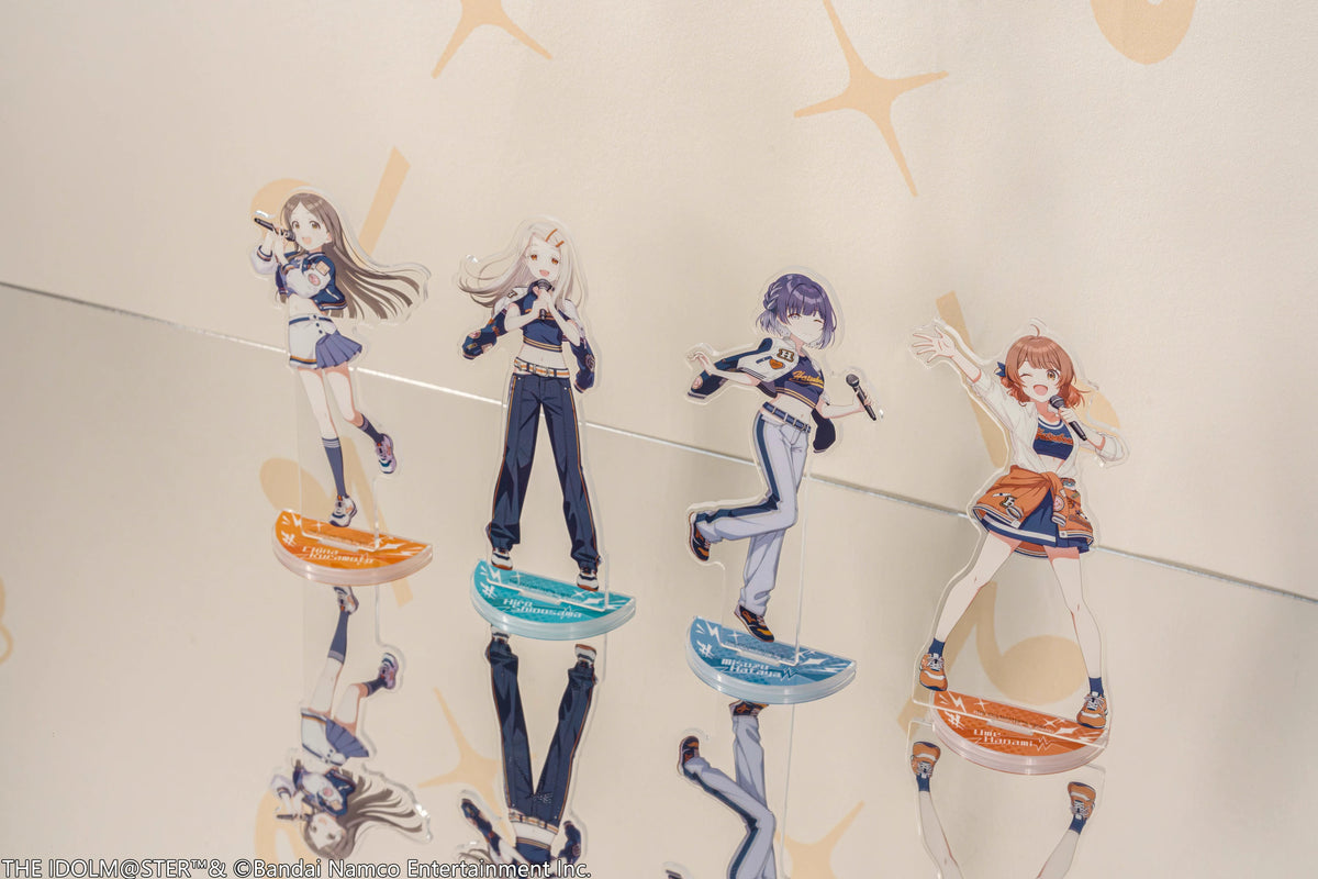 Front photo of assembled stands and their name bases; Ume Hanami is far right