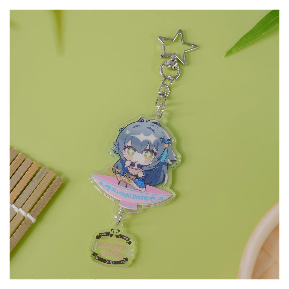 Acrylic keychain: chibi Temari Tsukimura on a bowl-shaped base, eating noodles with chopsticks; star clasp and logo charm