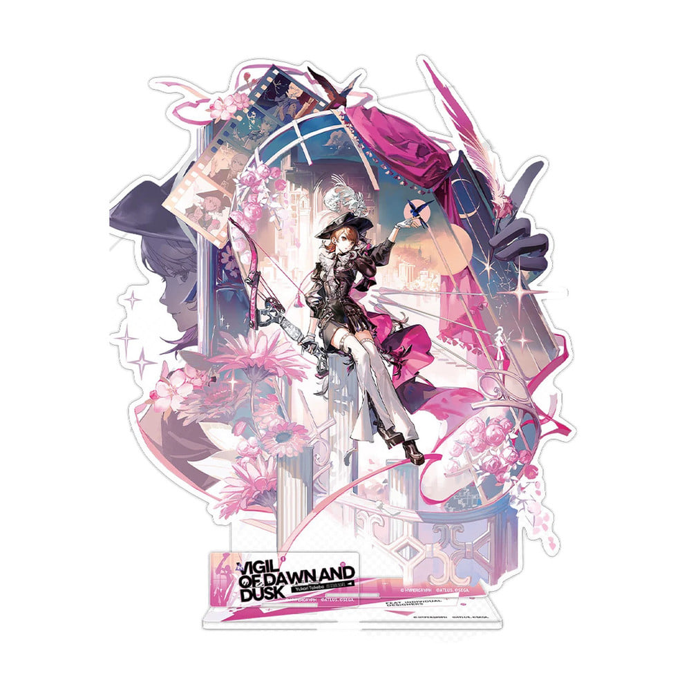 Yukari Takeba acrylic stand depicting pink stage scenery, sweeping ribbons and star-shaped accents