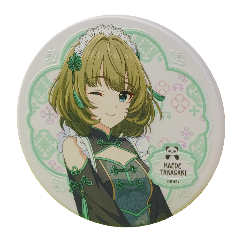 Round coaster: Kaede Takagaki in a Chinese-style maid outfit, giving a wink