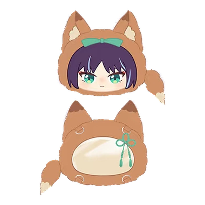 Front and back of the Iroha Sakayori plush ita-bag; the back has a window with a teal cord knot
