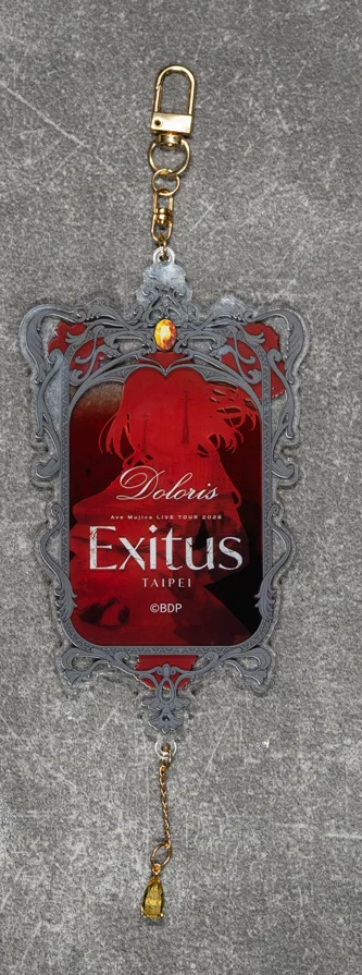 Back of the Doloris keychain: red silhouette with the Ave Mujica LIVE TOUR 2026 Exitus TAIPEI logo