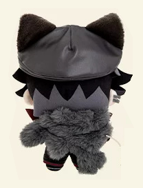 Back view with the wolf-ear beret and grey fluffy trim