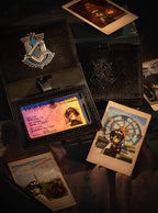 Card holder opened with the crest and ID card, photo cards beside it and the debossed back cover