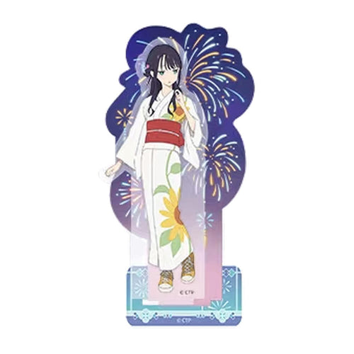 Iroha Sakayori yukata acrylic stand: Iroha in a white sunflower yukata with a red obi against fireworks