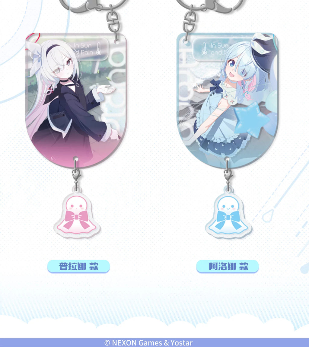 Blue Archive In Sun and Rain acrylic keychains: Plana in pink and Arona in blue, each sold separately.