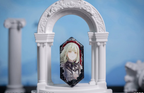 Mortis (Mutsumi Wakaba) badge standing in a white arch display prop