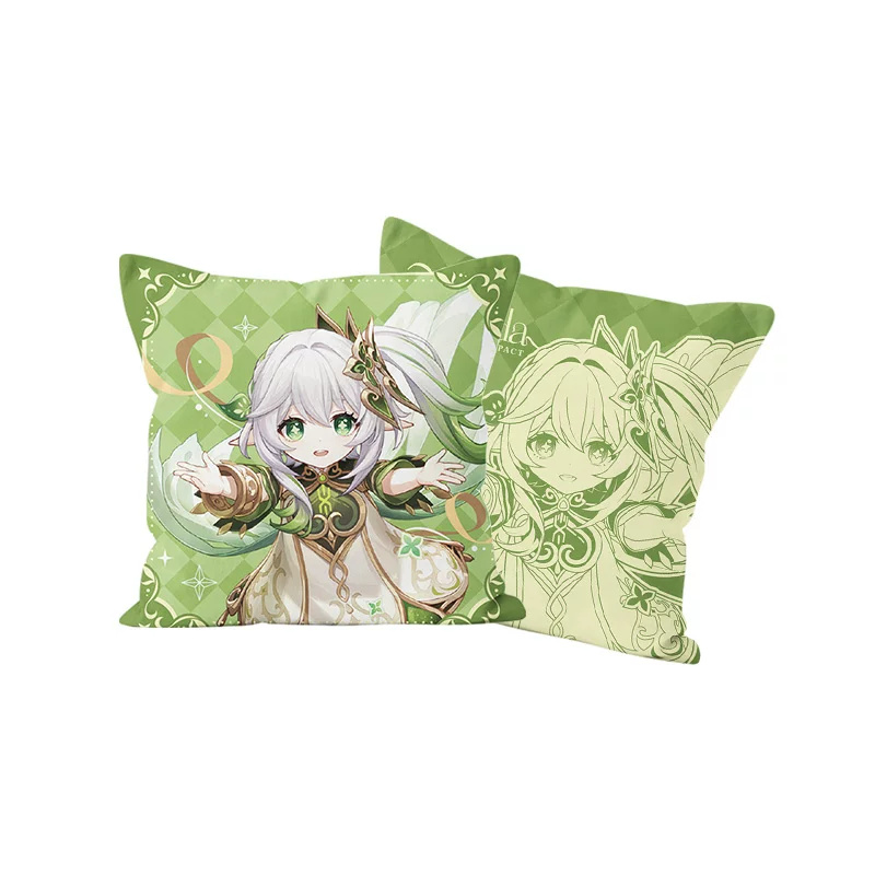 Nahida cushion cover front and line-art back: Nahida with open arms on light green diamond checks