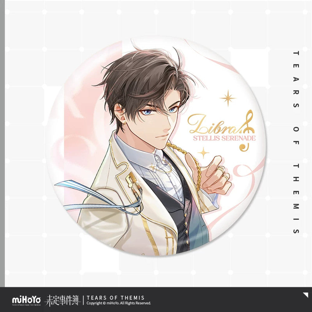 未定事件簿 · Stellis Serenade · 75mm缶バッジ · 左京静真 — 商品イラストと掲載デザイン