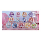 All 13 round badge designs on a clear three-tier stand (stand and props not included)