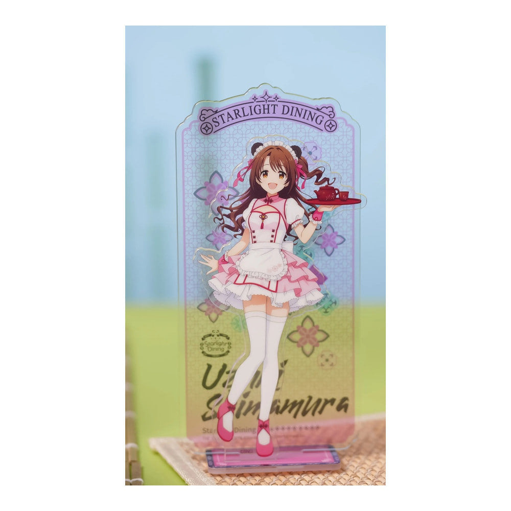 Acrylic stand: Uzuki Shimamura in a pink-and-white Chinese-style maid outfit, carrying a tea set on a tray