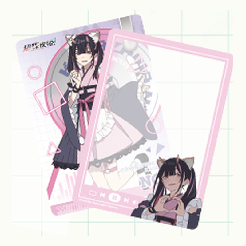 Design 05: Noi Komazawa with cat ears and horns in a pink outfit, with a pink frame card