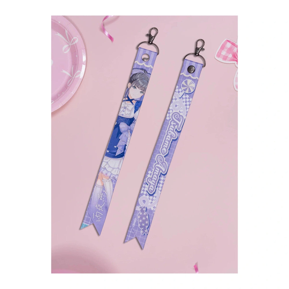 Lavender ribbon keychain, front and back: Tsubame Amaya in a navy lolita dress; the back reads Tsubame Amaya