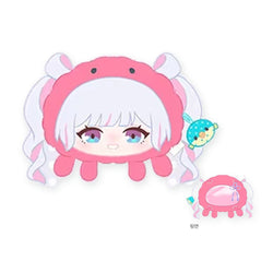月見ヤチヨのぬいぐるみ痛バッグ。ピンクのタコのフードをかぶった顔と青い小さなマスコット、背面の小さな画像