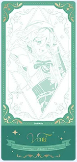 Venti design: line-art ticket in green with gold foil and a name banner