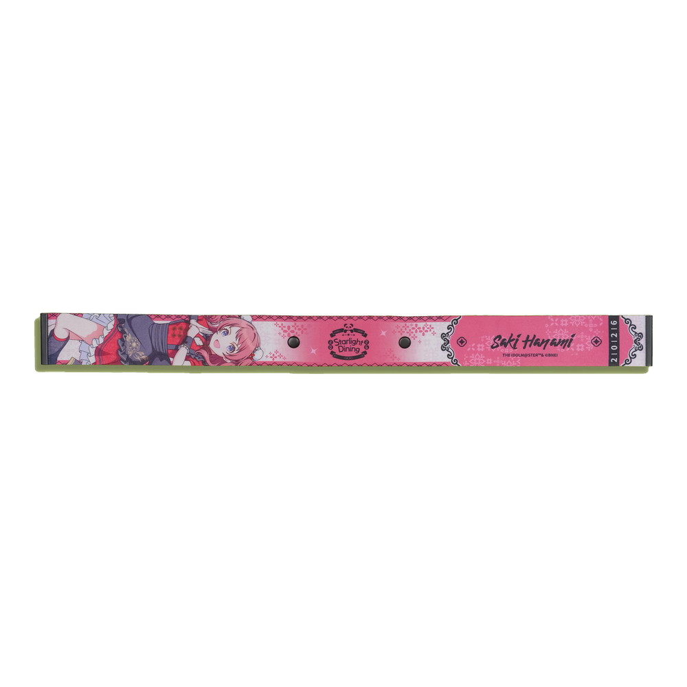 Saki Hanami Starlight Dining ribbon strap, front: illustration, event logo, name and two snap buttons
