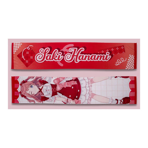 Both sides of the Saki Hanami muffler towel: red name side and full-length lolita-outfit illustration