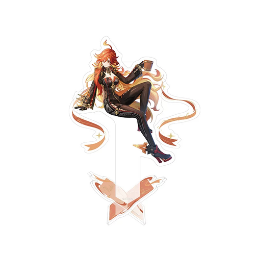 Mavuika acrylic stand: seated mid-air raising a wooden mug amid orange ribbons, on an orange base
