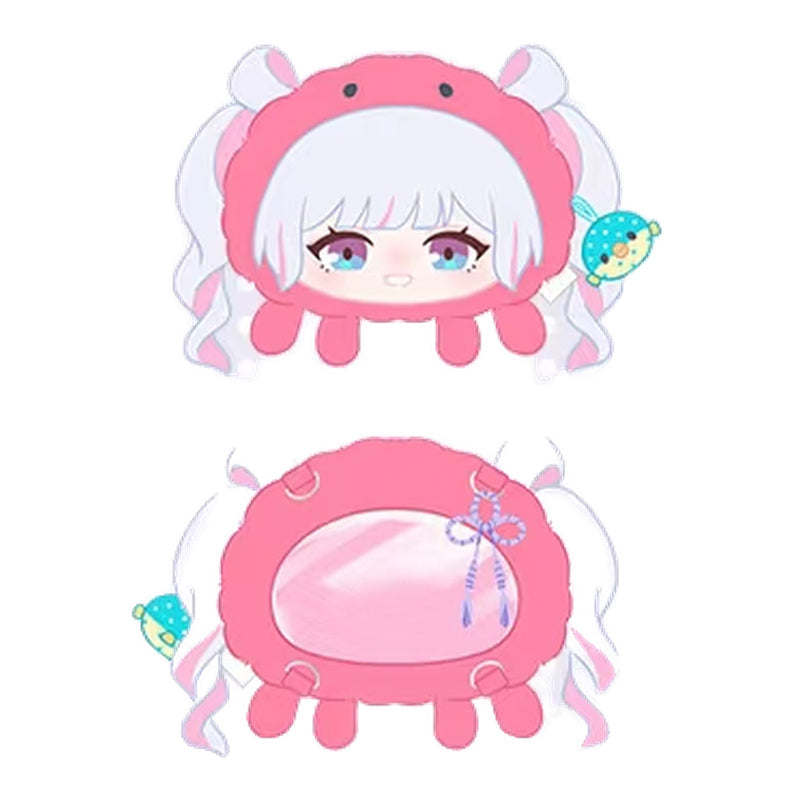 Front and back of the Yachiyo Runami plush ita-bag; the back has a window with a purple cord knot