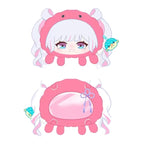 Front and back of the Yachiyo Runami plush ita-bag; the back has a window with a purple cord knot