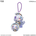 Mornye Wuthering Waves chibi acrylic stand & badge set. A chibi acrylic piece with a coloured ball chain is paired with a round badge in the same character design.