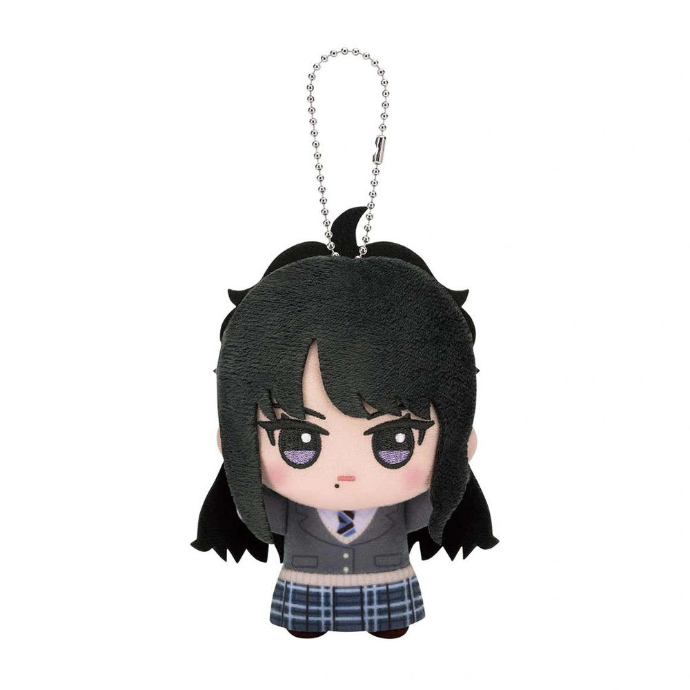 Hiori Kazano chibi plush in a grey blazer and plaid skirt, with a silver ball chain