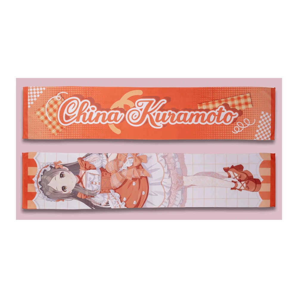 Both sides of the China Kuramoto muffler towel: orange name side and full-length lolita-outfit illustration
