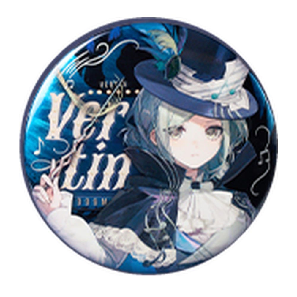 Round Vertin can badge: Vertin in a feathered top hat holding a baton, with decorative name lettering