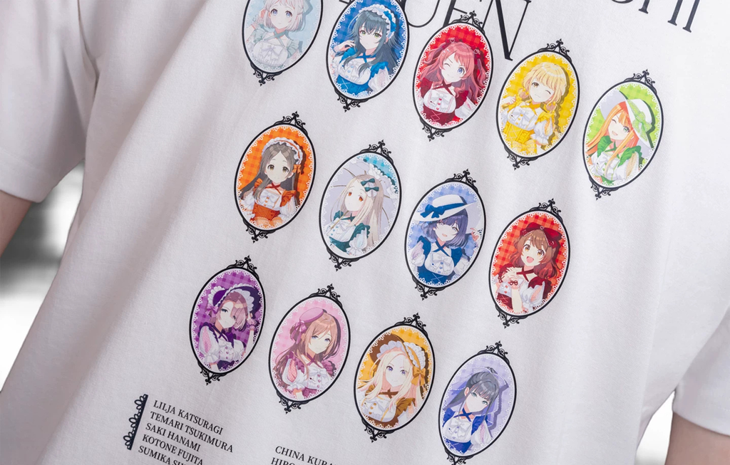 Close-up of the print with 13 idols in lolita outfits in oval frames