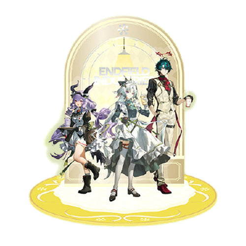 Rotating acrylic stand of Typhoeus, Arcane and Camille in café outfits before an arched backdrop on a yellow base