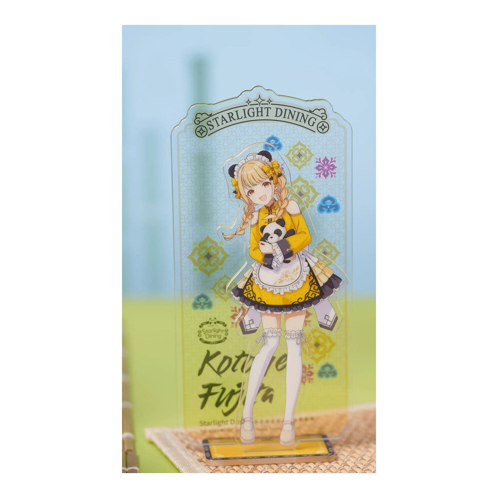 Acrylic stand: Kotone Fujita in a yellow Chinese-style maid outfit, hugging a panda plush