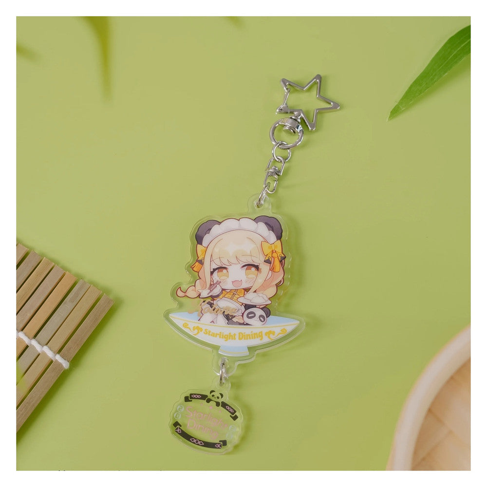 Acrylic keychain: chibi Kotone Fujita on a bowl-shaped base, with chopsticks, dim sum and a panda; star clasp and logo charm