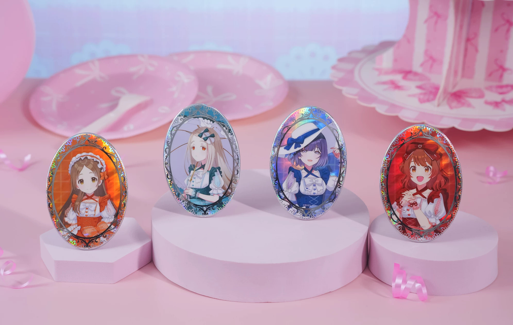 Series photo of 4 Sweet Showcase oval badges including China Kuramoto; only the selected badge is included