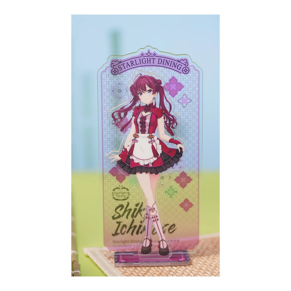 Acrylic stand: Shiki Ichinose in a red Chinese-style maid outfit, holding the hem of her skirt