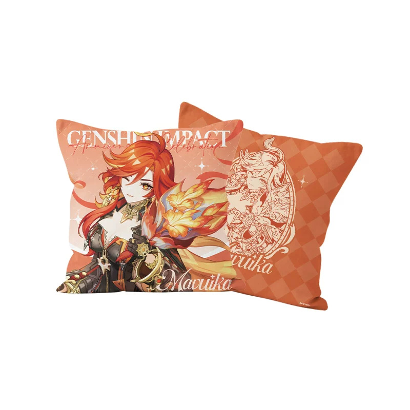 Mavuika cushion cover, front and back: Mavuika winking with flame-coloured flowers; line portrait on an orange check