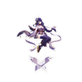 Raiden Shogun acrylic stand: seated mid-air with her braid flowing amid purple ribbons, on a purple base