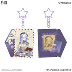 Front and back of the Mornye acrylic keychain, with portrait artwork, letter motifs and a purple star-shaped fitting.