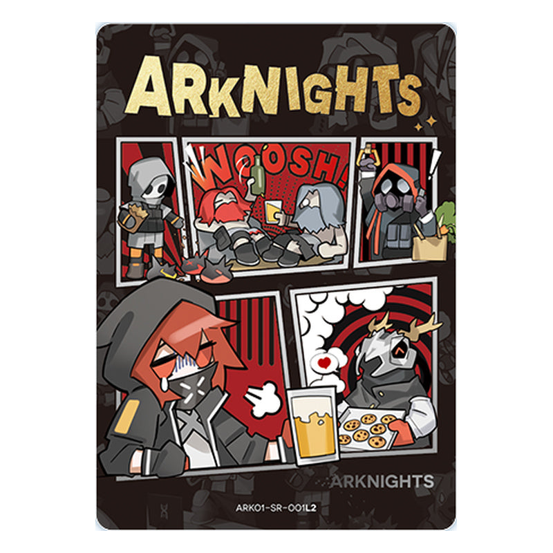 SR-001 sample card: comic-style panels of chibi characters under a gold ARKNIGHTS logo