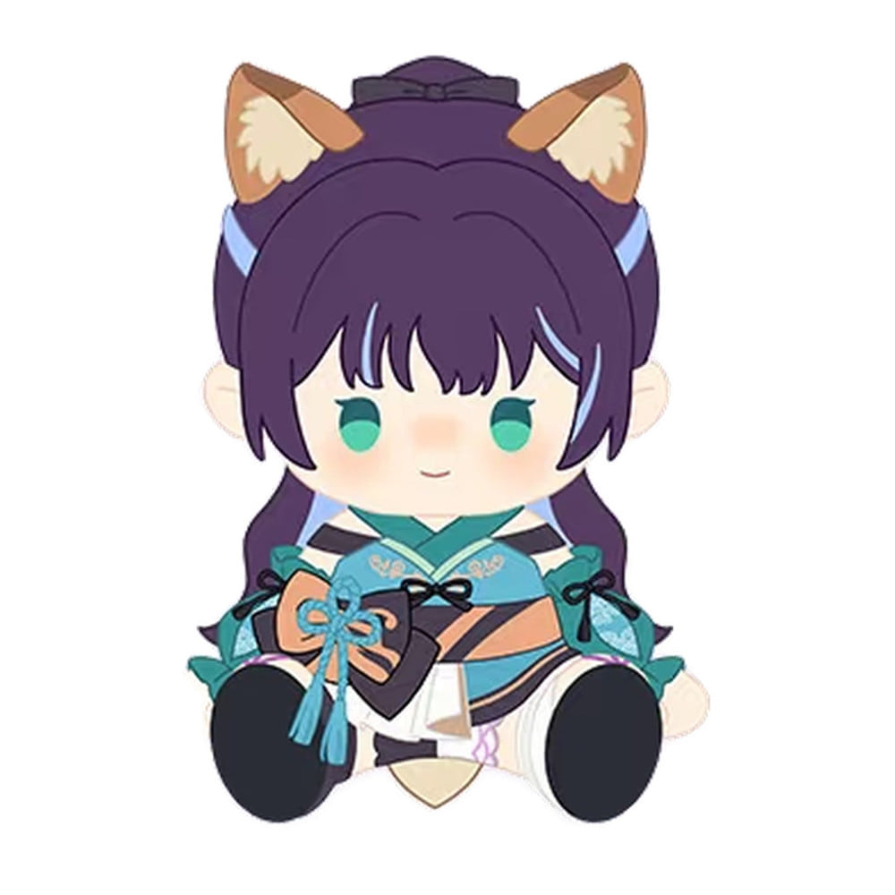 Iroha Sakayori sitting plush doll with fox ears and a teal kimono-style outfit