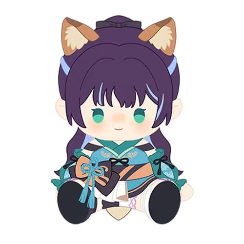 Iroha Sakayori sitting plush doll with fox ears and a teal kimono-style outfit
