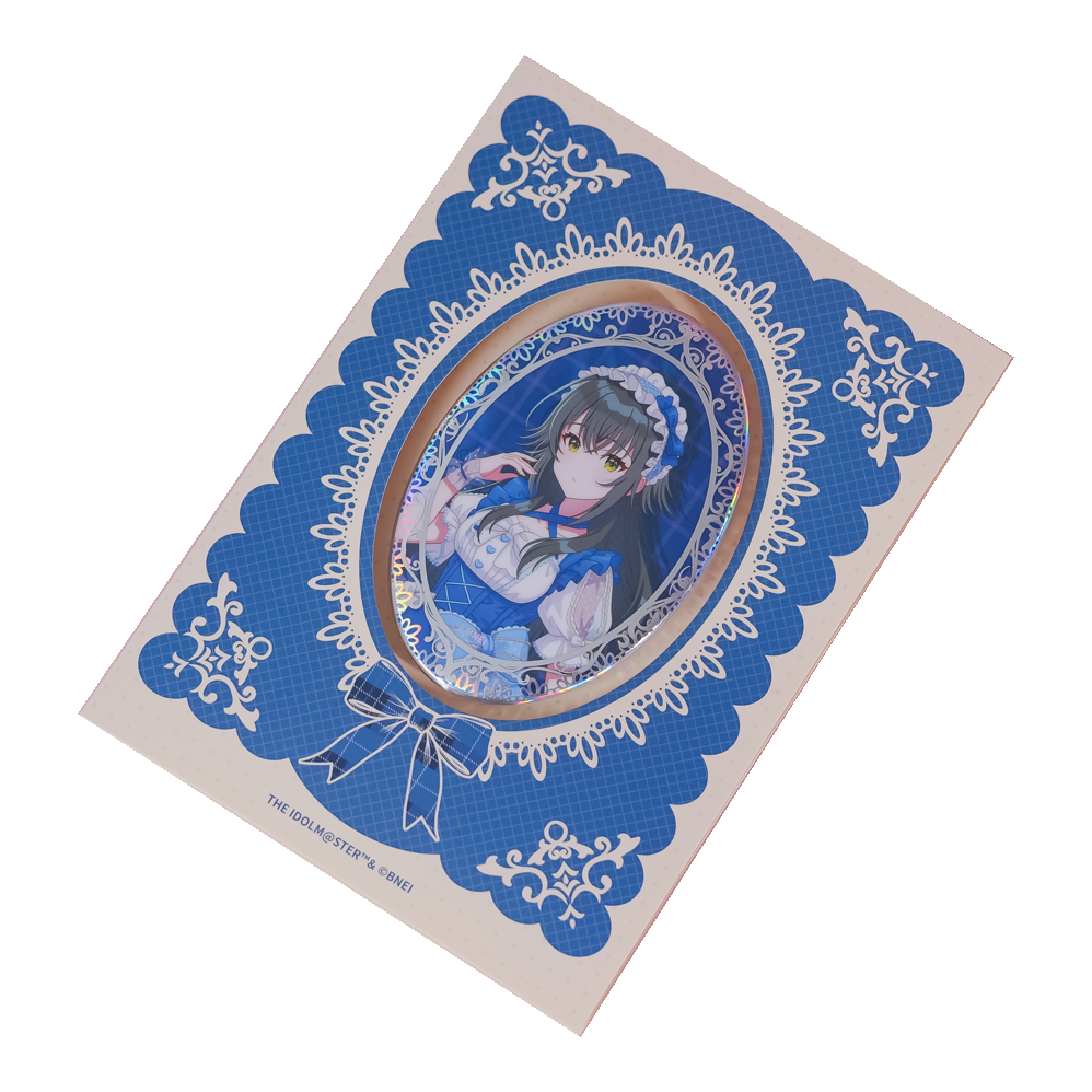 Temari Tsukimura oval holographic badge on its blue lace-patterned backing card.