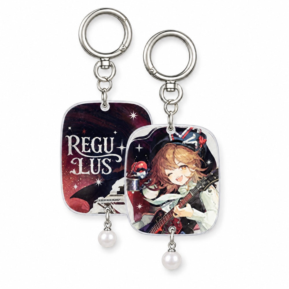 Regulus acrylic keychain, front and back: Regulus with a guitar on the front and her name in lettering on the back