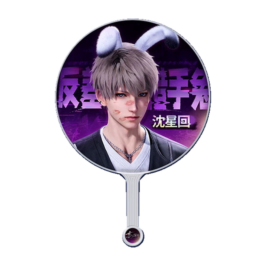 Round Xavier portrait fan with violet lettering and a long handle