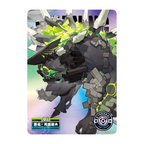 Zenless Zone Zero SHININGSOUL E-201 card. A massive rock-armored creature with black plates and lime-green crystals appears on a WARNING card.